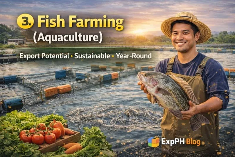 Filipino fish farmer holding tilapia near fish ponds with aquaculture setup showing fish farming business in the Philippines with ExpPH Blog logo