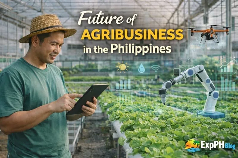 Filipino farmer using tablet in a high-tech greenhouse with hydroponics system, drone, and robotic arm with ExpPH Blog logo