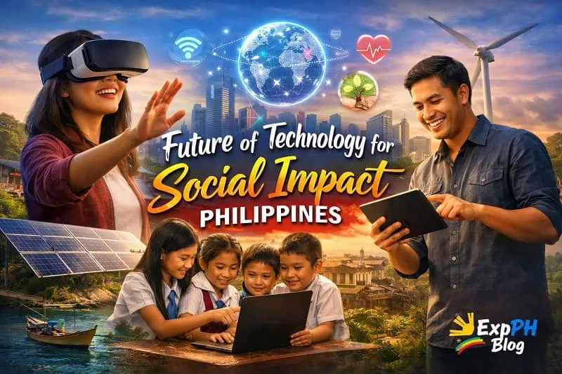 Filipino people using modern technology like VR and tablets with solar panels, wind turbines, and students learning, representing the future of technology for social impact in the Philippines.