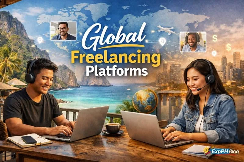 Filipino freelancers working remotely on laptops connected to global freelancing platforms with world map and online job icons
