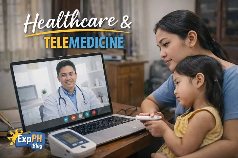 Filipino mother and child consulting a doctor online using a laptop for telemedicine at home