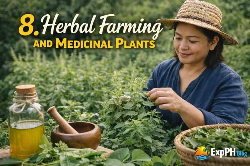 Filipino farmer harvesting medicinal herbs in a green farm with fresh leaves basket, herbal oil bottle, and ExpPH Blog logo