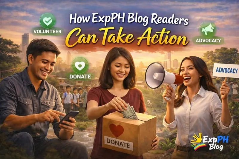 Filipino individuals volunteering, donating, and advocating using smartphones and community efforts, representing how ExpPH Blog readers can take action.