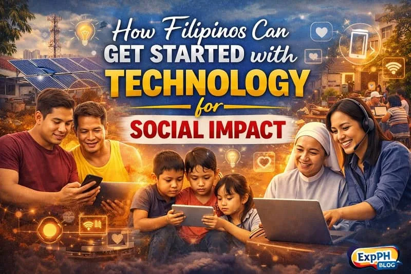 Filipino individuals and families using technology like laptops, tablets, and smartphones in a community setting, symbolizing how Filipinos can begin using technology for social impact.