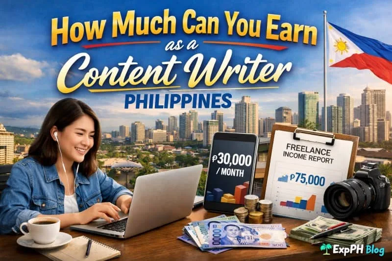 Filipino content writer working on a laptop with Manila skyline background, showing earnings of ₱30,000 per month and freelance income up to ₱75,000