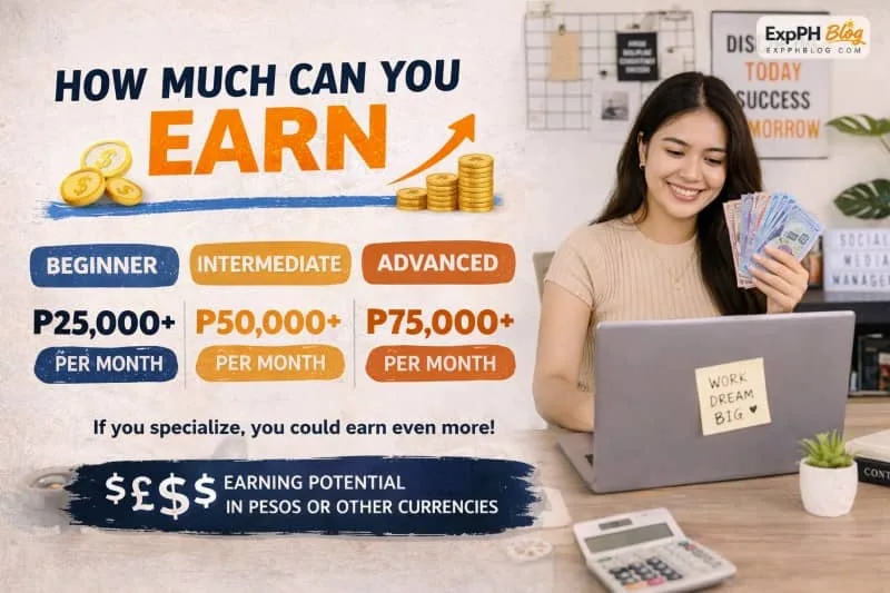 Filipina social media manager smiling while holding Philippine peso bills, with income levels displayed on screen in a home office setup