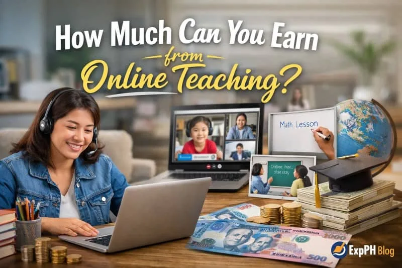 Filipina online teacher using a laptop with headset, showing virtual students on screen, Philippine peso money, and text about earnings from online teaching