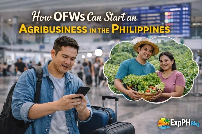 OFW at airport using smartphone with vision of Filipino couple farming vegetables, representing starting an agribusiness in the Philippines with ExpPH Blog logo