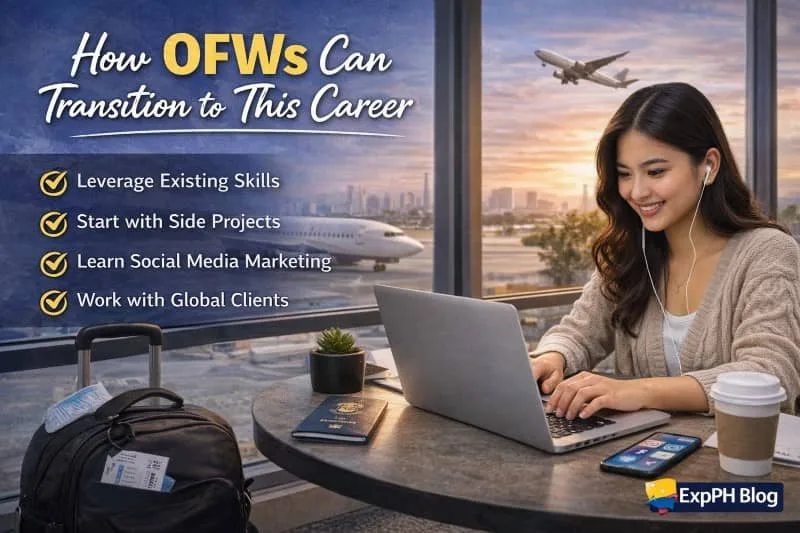 Filipino OFW working on a laptop while planning a career transition to social media management from abroad