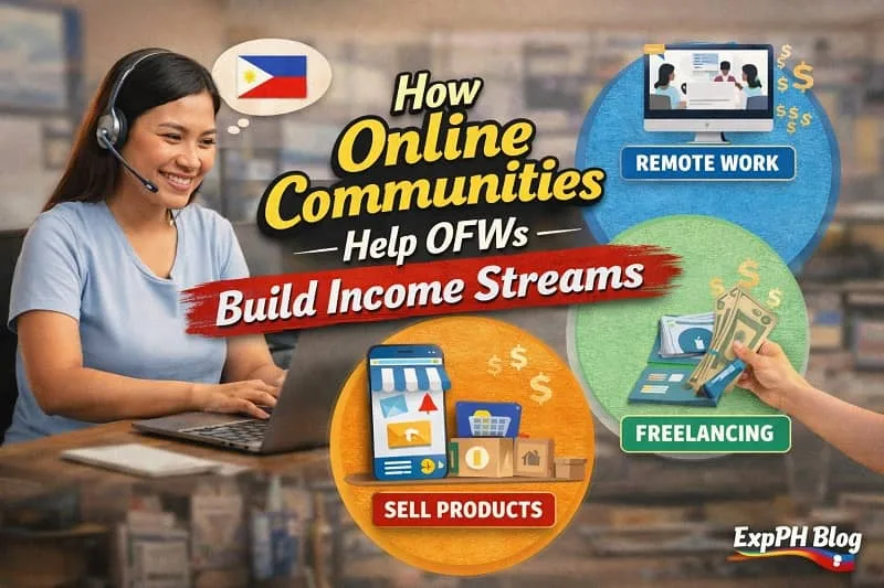 Filipino OFW using a laptop while engaging in online communities that provide income opportunities such as freelancing, online selling, and digital networking