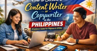 Filipino man and woman working on laptops as freelance writers with Philippine flag background and text about becoming a content writer or copywriter in the Philippines