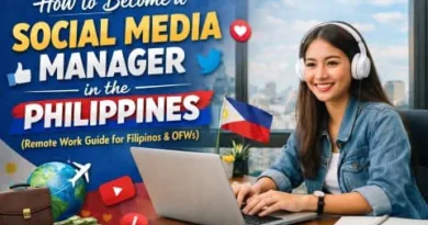 Filipino woman working as a social media manager on a laptop with Philippine flag and social media icons in a remote work setup
