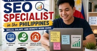 Filipino SEO specialist working on laptop at home with charts and notes about SEO skills, salary, and remote work in the Philippines