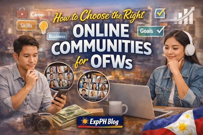 Filipino OFWs using laptop and smartphone choosing online communities with icons for skills, business, and goals with ExpPH Blog logo