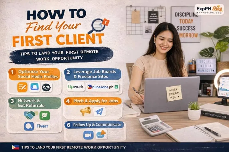 Filipina working on a laptop searching for her first client as a social media manager, with job platforms and messaging icons in a home office setup