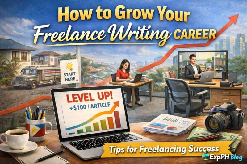 Filipino freelance writer working on a laptop with career growth visuals, including income increase chart, professional workspace, and city background
