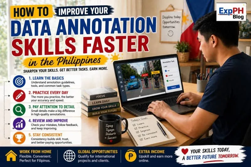 Filipino man working on laptop improving data annotation skills with practice notes and AI labeling tasks on screen with ExpPH Blog logo