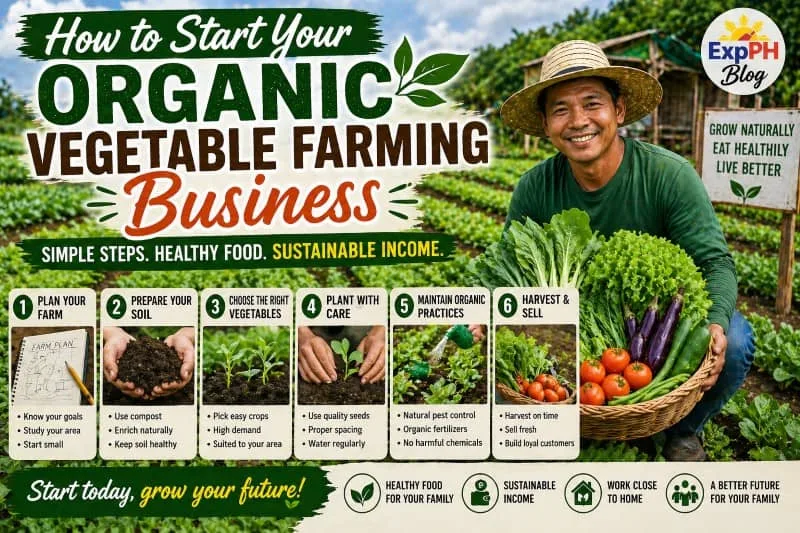 Filipino farmer holding fresh vegetables in an organic farm with ExpPH Blog logo showing steps on how to start an organic vegetable farming business