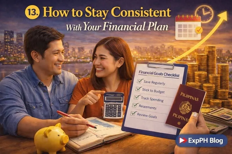 Filipino couple reviewing finances with calculator, checklist, and coins showing consistent financial planning and growth, with ExpPH Blog logo