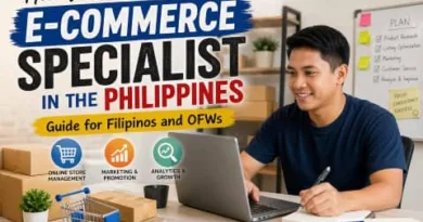Filipino man working on laptop managing e-commerce store at home with boxes and online business tools representing e-commerce specialist Philippines career