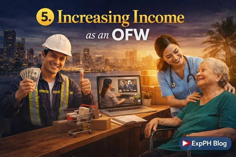 Filipino OFW increasing income through multiple sources, including construction work, caregiving, and online freelancing, with money and business elements in the background
