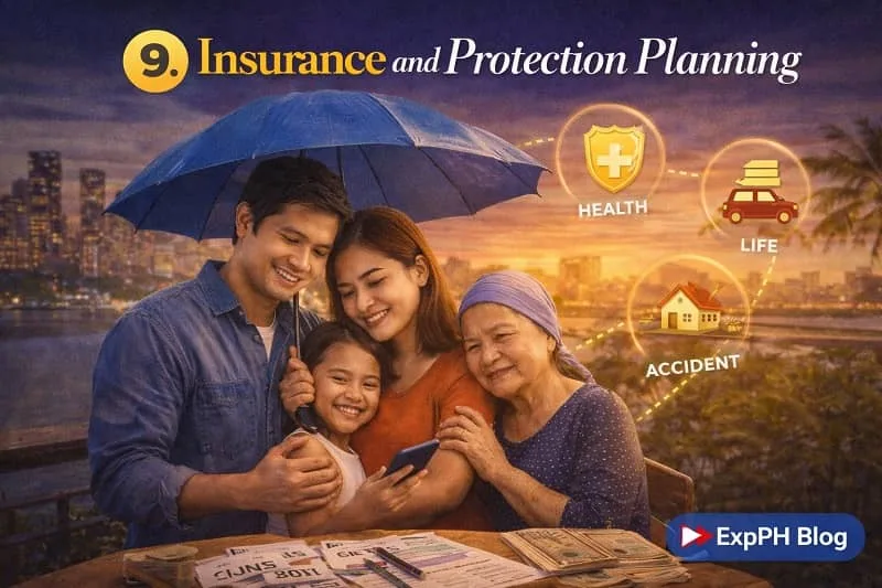 Filipino family under an umbrella symbolizing insurance protection, with icons representing health, life, and accident coverage