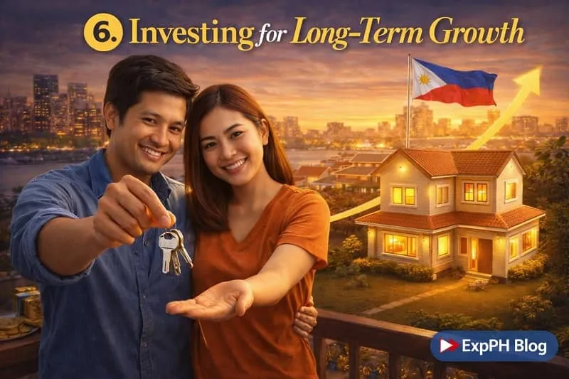 Filipino couple smiling and holding house keys with a glowing home, Philippine flag, and upward arrow symbolizing long-term investment growth, with ExpPH Blog logo