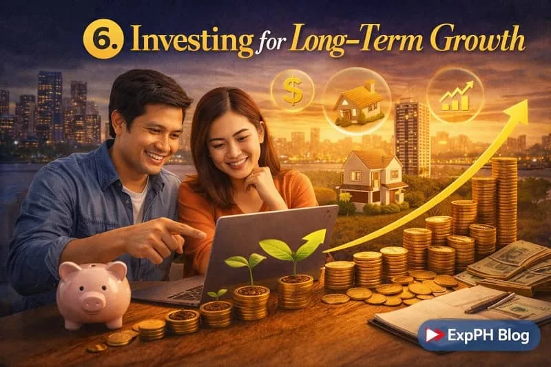 Filipino couple planning investments using a laptop with growing coins, plants, and financial symbols representing long-term financial growth
