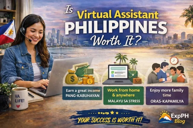 A Filipina virtual assistant working on a laptop with a headset, with icons showing income, work from home, and family time benefits in the Philippines