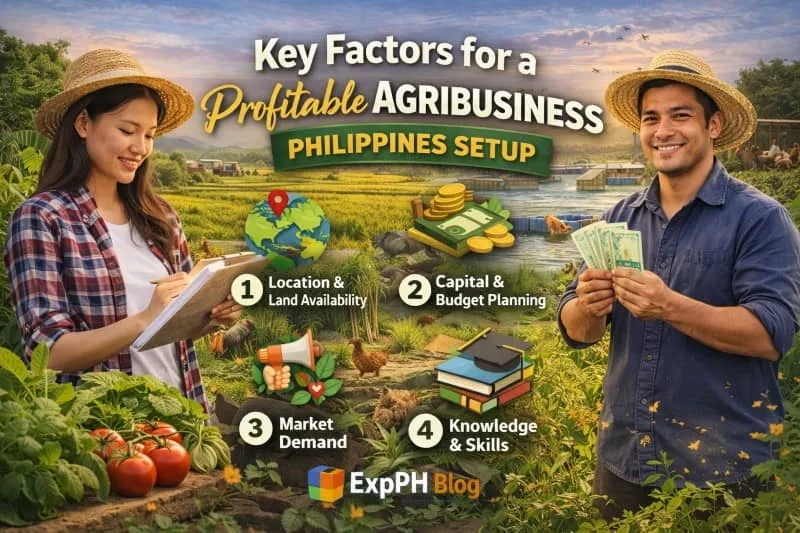 Filipino farmers planning agribusiness setup with icons showing location, capital, market demand, and skills in a realistic Philippine farm environment with ExpPH Blog branding