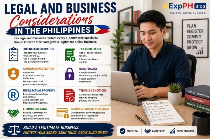 Filipino entrepreneur working on laptop with legal documents, business registration checklist, and compliance icons for e-commerce business Philippines