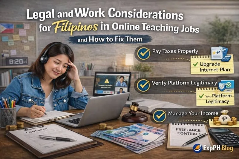 Filipina online teacher working on a laptop with headset, surrounded by contracts, money, and legal documents related to online teaching jobs