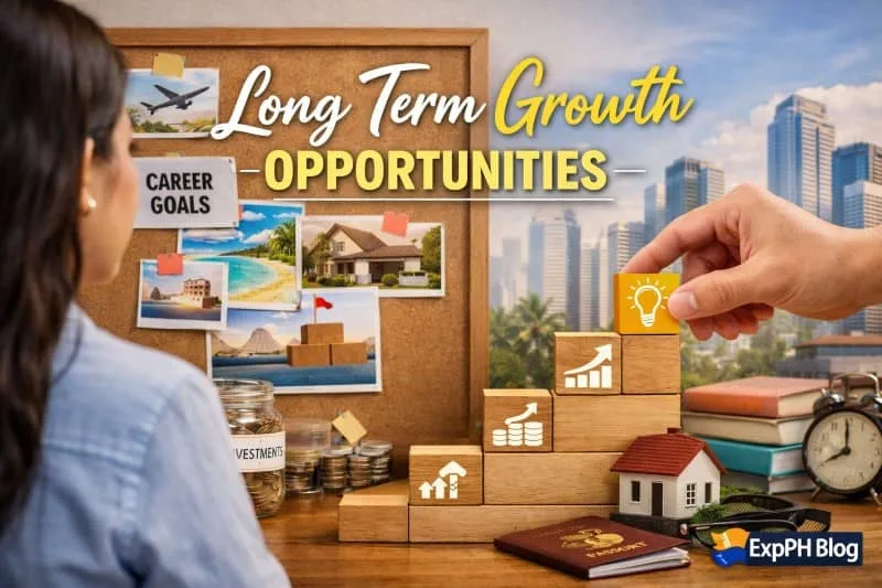 Filipino woman planning career goals with vision board and financial growth steps, representing long term growth opportunities in social media management