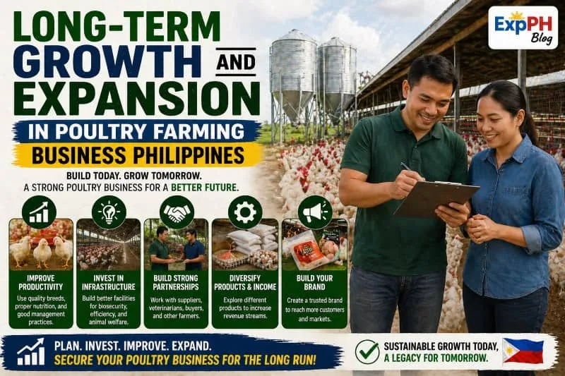 Filipino poultry farmers reviewing farm plans with chickens in background showing long-term growth and expansion in poultry farming business Philippines and ExpPH Blog logo