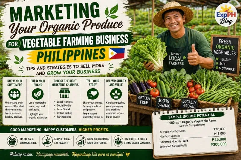 Filipino farmer selling fresh organic vegetables with ExpPH Blog logo showing marketing strategies for vegetable farming business in the Philippines