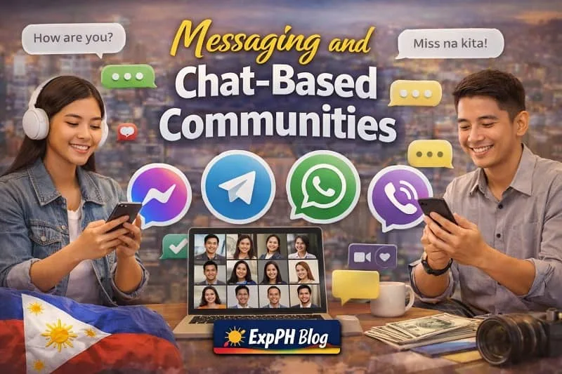 Filipino users communicating through messaging apps on smartphones with chat icons and ExpPH Blog logo showing online chat communities