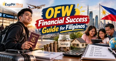Filipino overseas worker holding a Philippine passport at an airport, with a plane, Philippine flag, savings jar, stacked coins, calculator, and financial planning checklist. A Filipino family appears beside a modern city skyline, representing budgeting, saving, investing, and planning for the future. ExpPH Blog logo is displayed in the upper-left corner.