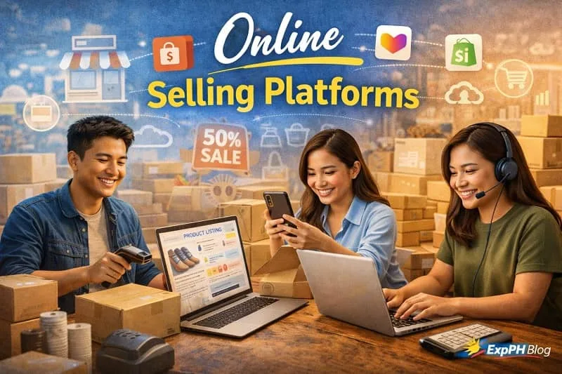 Filipino online sellers managing products, packing orders, and using digital platforms through laptops and smartphones