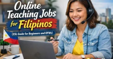 Filipina online teacher using laptop with headset teaching ESL from home with Philippine flag and ExpPH Blog logo visible