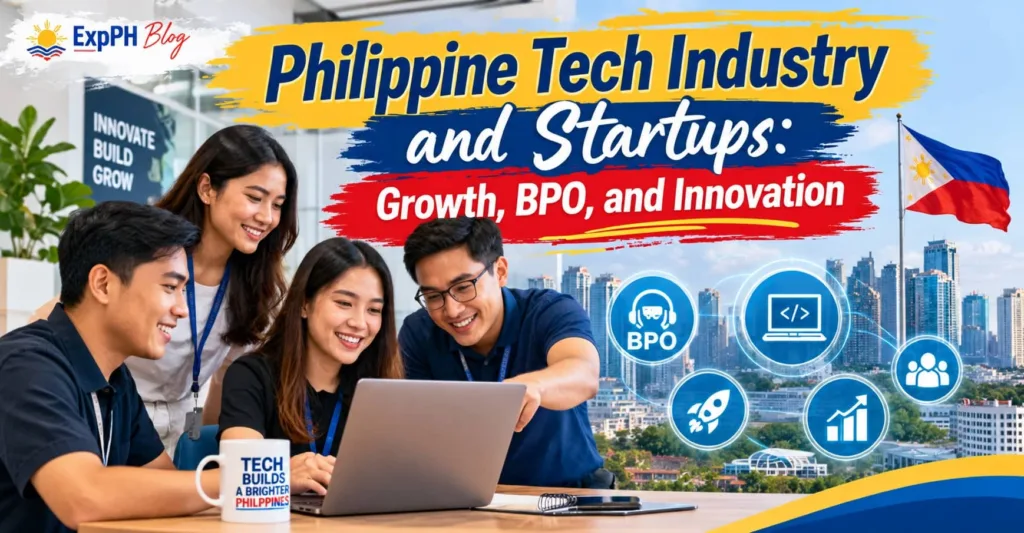 Filipino tech professionals collaborating on a startup project, representing the Philippine tech industry, BPO services, digital innovation, and business growth.