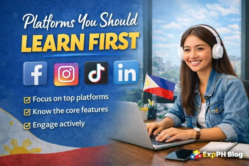 Filipino social media manager working on laptop with Facebook, Instagram, TikTok, and LinkedIn icons showing key platforms to learn