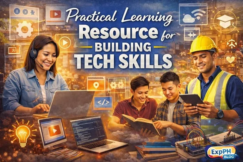 Filipino individuals learning tech skills using laptops, tablets, books, and electronics, representing practical learning resources for building digital and technical skills.