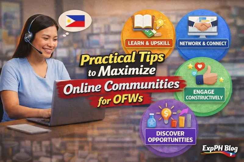 Filipino OFW using a laptop and smartphone while engaging in online communities, showing tips like networking, learning skills, and finding online income opportunities