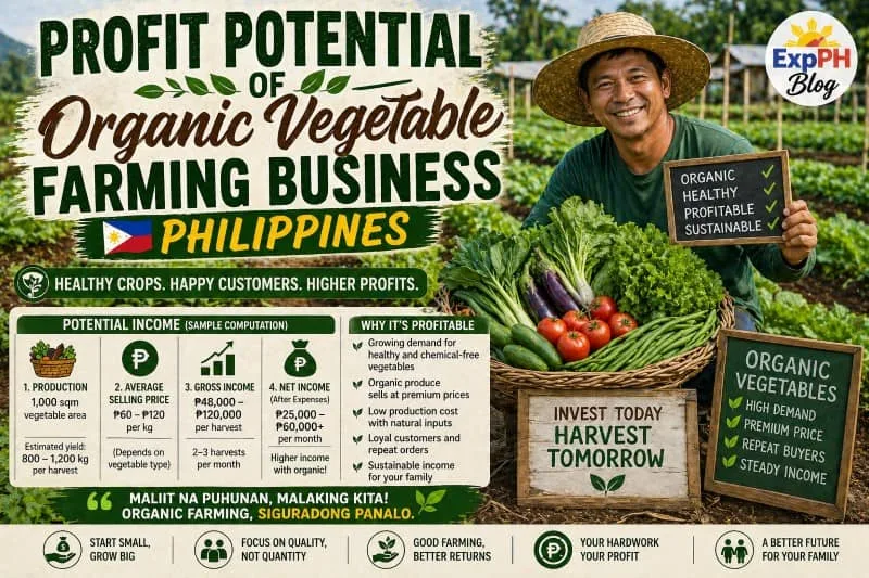 Filipino farmer holding fresh vegetables with ExpPH Blog logo showing profit potential of organic vegetable farming business in the Philippines