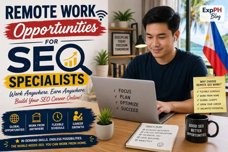 Filipino SEO specialist working remotely on a laptop at home with notes about SEO tasks and flexible work setup
