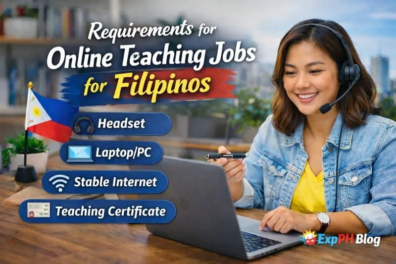 Filipina online teacher using laptop and headset with icons showing requirements like laptop, headset, internet, and teaching certificate with ExpPH Blog logo
