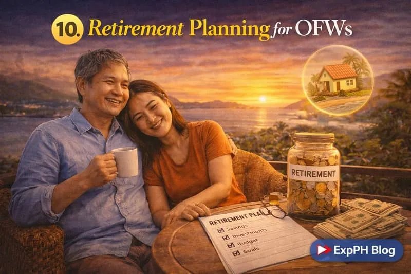 Filipino couple enjoying retirement while reviewing savings and investment plans, with a jar of coins and financial checklist on a table
