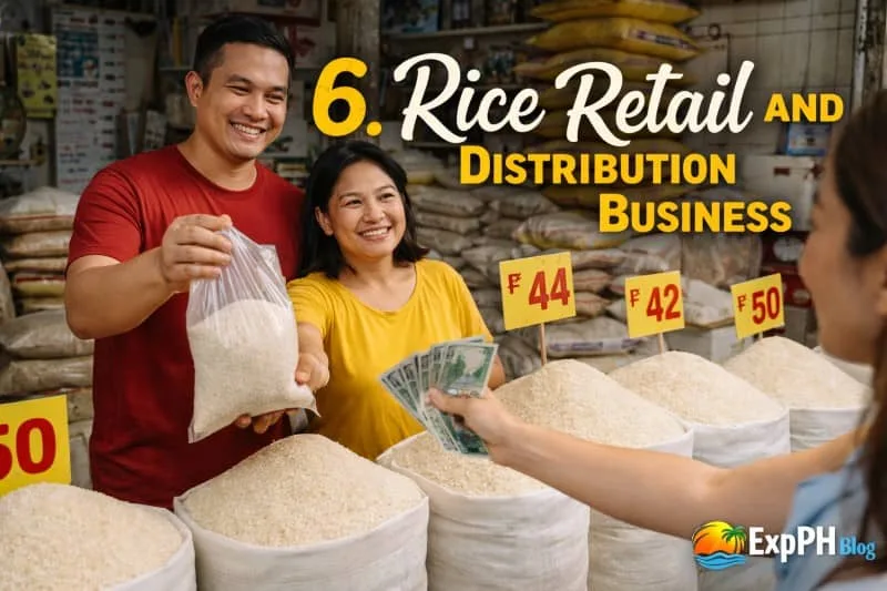 Filipino couple selling rice in a local store with sacks of rice and price tags while serving a customer and ExpPH Blog logo visible