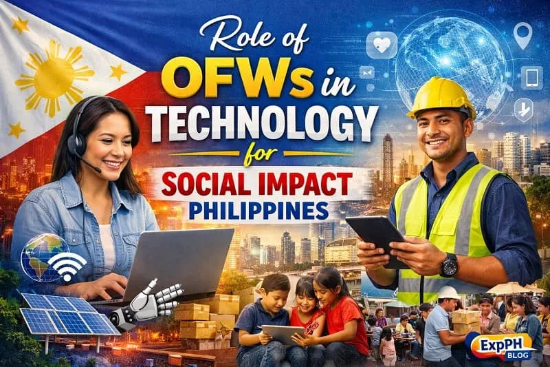 Filipino OFWs using technology for social impact in the Philippines, featuring a woman working on a laptop and a man using a tablet, with digital icons, Philippine flag, and city skyline in the background.
