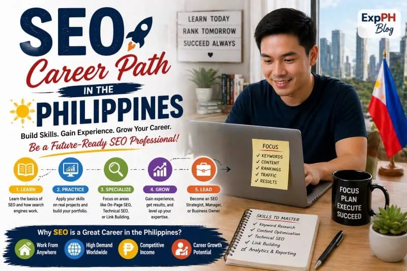 Filipino SEO professional working on a laptop with visual steps of SEO career path from learning to becoming an expert